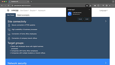 Screenshot: LANCOM InfoHub Progressive Web App opened in Chrome browser on smartphone. Click on the browser settings icon (three horizontal lines on top of each other) in the top right of the taskbar to open an additional window in which you can select "Install" at the bottom right