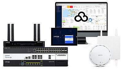 Collage of LANCOM products: Routers, UTM firewalls, access points, cloud management, switches, and ePaper display