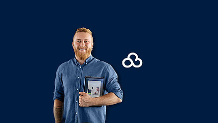 Man with tablet and logo of LANCOM Management Cloud on dark blue background