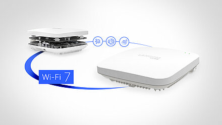Presentation of two LANCOM Wi-Fi 7 access points with housing and inner components as well as Wi-Fi 7 icons