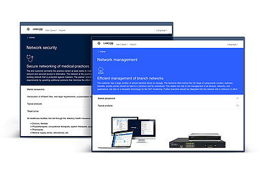 Two PC screens with network solutions and product recommendations for the use cases network security and network management in the LANCOM PWA app "LANCOM InfoHub"