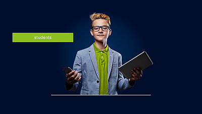 Proud student with glasses and cell phone and tablet in his hands on a dark blue background with green lettering "Student"