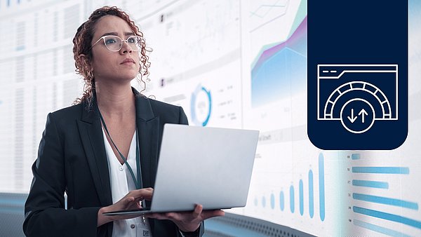 Frau am Laptop vor einer Wand aus Statistiken, Icon bzw. Symbol für Dateiaustausch
