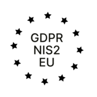 Icon: EU star circle surrounding the words GDPR, NIS2, EU arranged in the center
