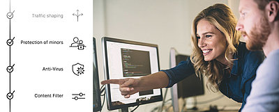Woman points to icons showing security features of the operating system for the Unified Firewalls 