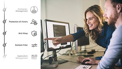 Woman points to icons showing security features of the operating system for the Unified Firewalls 