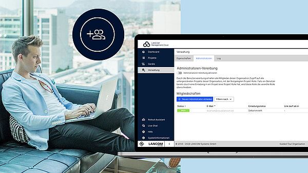 Person at the laptop and illustration of the LMC user interface with settings for user inheritance