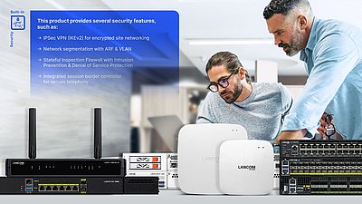 Two men are looking at data on a laptop. Products from the LANCOM product portfolio (routers, unified firewalls, access points, and switches) are in the foreground. On the left is the “Built-in Security” icon with an expanded info text about the integrated security functions.