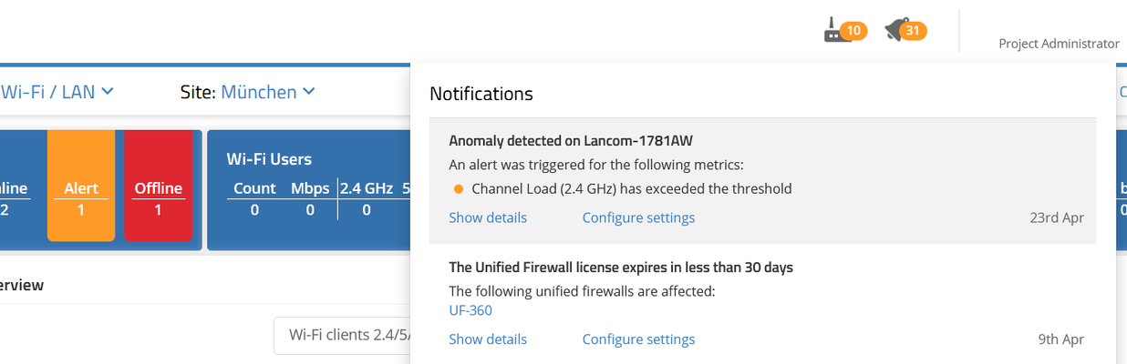 Screenshot: Anomaly messages in the WLAN on the LMC map