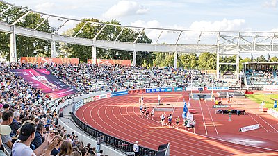 Runners start a race in a crowded athletics stadium on a sunny day.