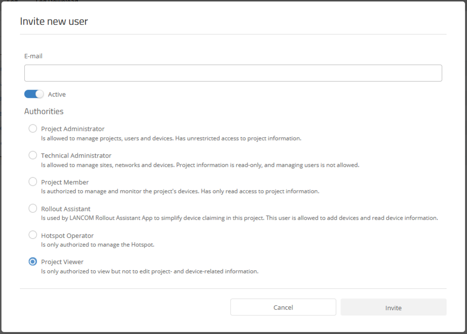 Screenshot: Selection interface of the user roles in the LANCOM Management Cloud