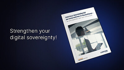 Dark blue banner with the cover image of the LANCOM and Handelsblatt study "Digital Sovereignty at Companies in Germany" and the text "Strengthen your Digital Sovereignty!" next to it.