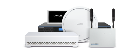 Collage of various LANCOM WLAN products: Round and rectangular white access points, a black WLAN controller, an ePaper display, and an industrial access point with antennas