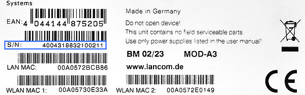 Label of a LANCOM device with blue marking of the serial number
