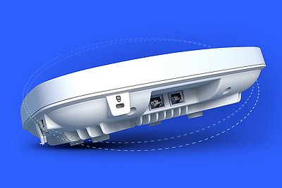 Underside of a white Wi-Fi 7 access point with two Ethernet ports and reset button on blue background.