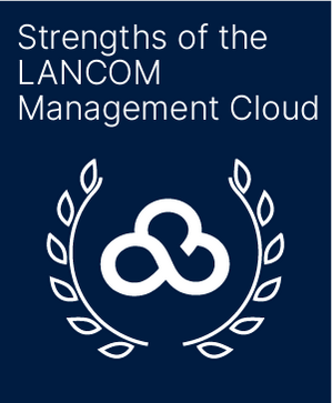 Small dark blue teaser banner with white cloud-like LANCOM Management Cloud icon surrounded by a laurel wreath with the white headline "Strengths of the LANCOM Management Cloud"