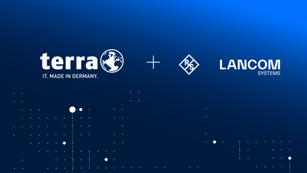 Logos of terra, R&S, and LANCOM Systems displayed side by side on a blue background.