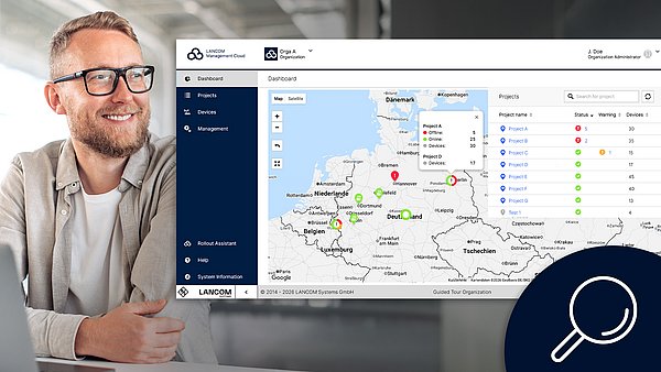 Image of a satisfied man, screenshot featuring LMC, and an icon (magnifying glass)