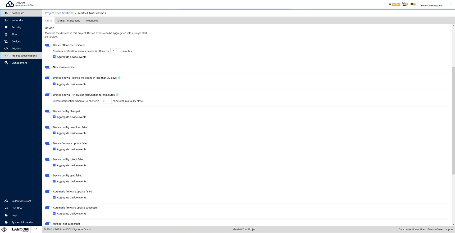 Screenshot: Einstellungen der Projektvorgaben in der LMC