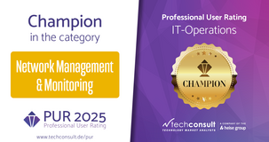 Professional User Rating 2025 Champion award for LANCOM in the field of network management and monitoring from PUR IT-Operations Professional User Rating 2025 Champion award for LANCOM in the field of network management and monitoring from PUR IT-Operations