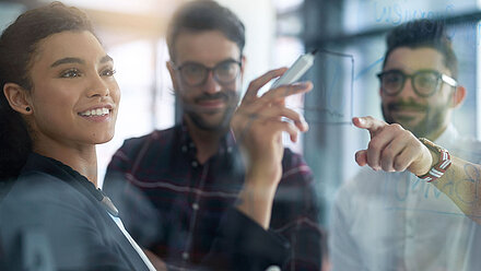 Motivated female network administrator paints equation on her male colleagues