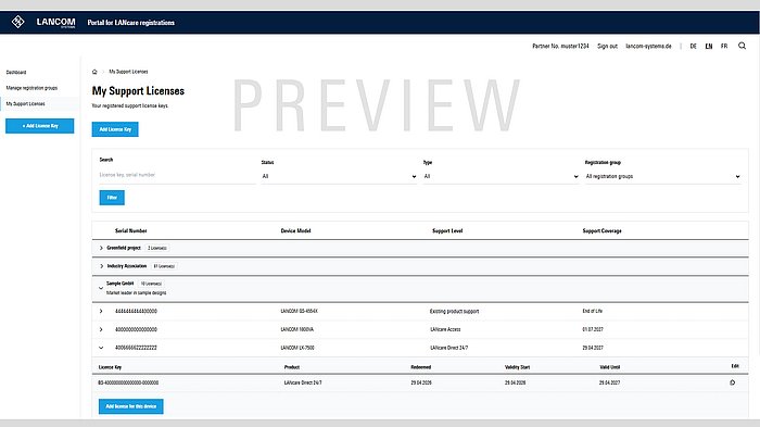 Screenshot of the License Overview in the LANcare Portal with a “Preview” label