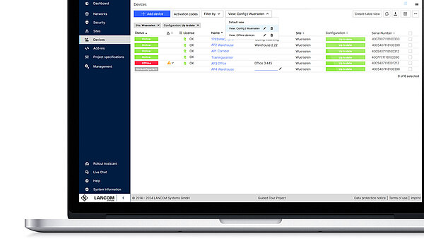 Screenshot of the saved table views in the LANCOM Management Cloud on a notebook