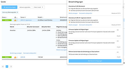 Screenshot of LANCOM Management Cloud WLAN Anomaly Detection notifications