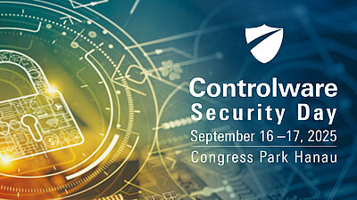 Graphic with digital padlock, Controlware Security Day on Sept 16–17, 2025 at Congress Park Hanau.