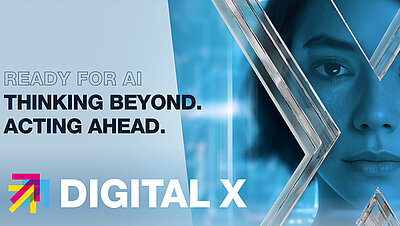 Digital X ad showing a woman’s face and slogan about artificial intelligence.