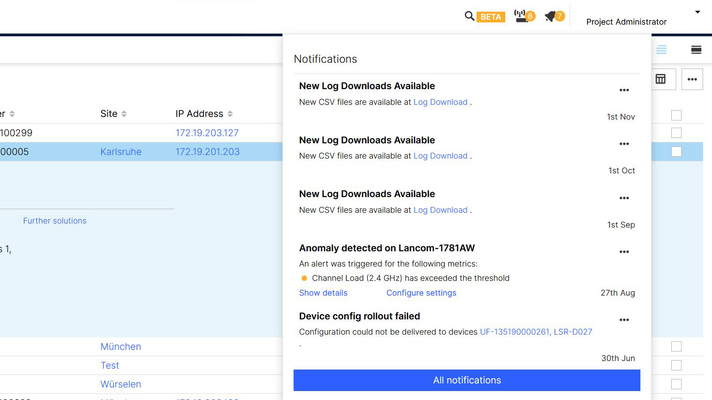 Screenshot: Troubleshooting via warnings in the LMC