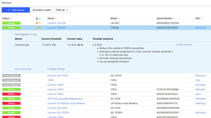 Screenshot: Troubleshooting via warnings in the LMC