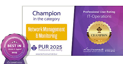 Professional User Rating 2025 Champion award for LANCOM in the field of network management and monitoring from PUR IT-Operations with award "Best in Service & Support" 