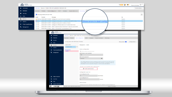 Screenshot of the LANCOM Management Cloud on a laptop with a magnifying glass view of the new optimized error messages