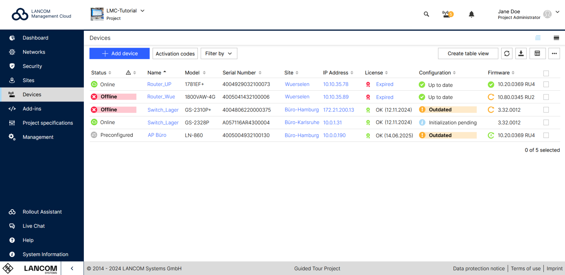 Screenshot der Geräteübersicht in der LANCOM Management Cloud