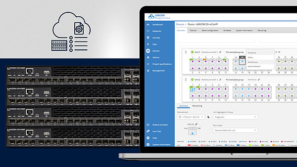 Collage of a laptop with screen shot in the front right, three switches in the background, and an icon with cloud symbol