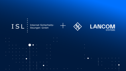 Logos of ISL, R&S, and LANCOM Systems shown side by side on a blue background.