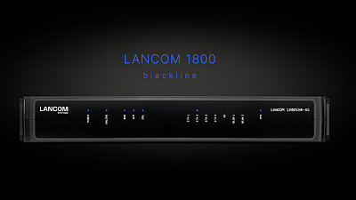 Black CPE housing on black background and the lettering "LANCOM 1800 blackline"