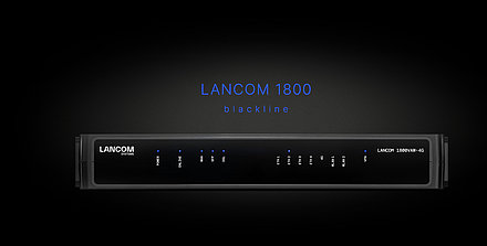 Black CPE housing on black background and the lettering "LANCOM 1800 blackline"