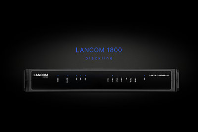 Black CPE housing on black background and the lettering "LANCOM 1800 blackline"