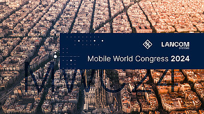 Cityscape with blue stripe and the R&S and LANCOM logo as well as the inscription "Mobile Worlds Congress 2024".
