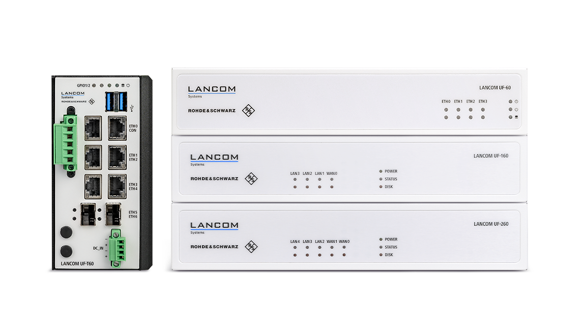 Product collage of the LANCOM R&S®Unified Firewalls desktop models