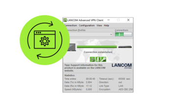 Login screen for the LANCOM Advanced VPN Client Windows after a successful connection with an apple-green circle in the upper left corner, in which a black lifecycle icon can be seen (desktop with cogwheel and two arrows representing a cycle around it)