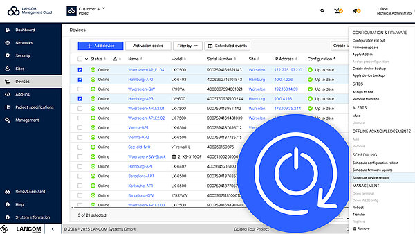 Screen with scheduling menue an blue icon for reboot