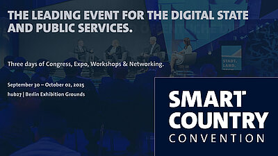 Panel discussion on stage, text for Smart Country Convention 2025 in Berlin focused on digital government.