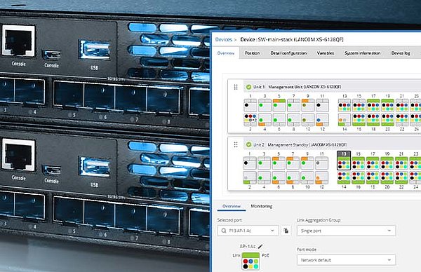 Collage of LANCOM switches and screenshot of the LMC for stacking function