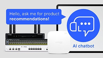 Tablet with website view of the AI chatbots from LANCOM, held in two hands