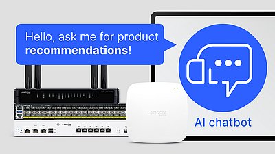 Tablet with website view of the AI chatbots from LANCOM, held in two hands