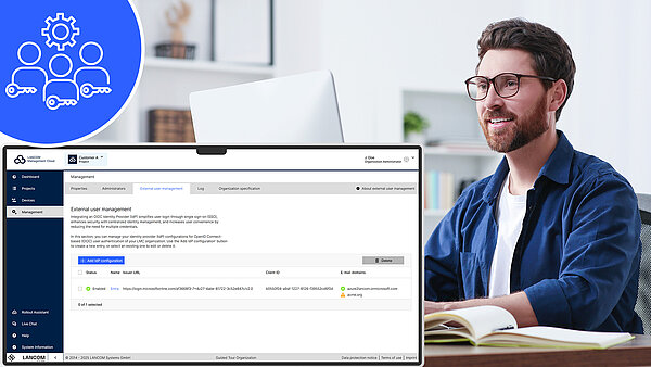 Monitor with configuration interface, man sitting in front of his monitor, and blue Icon