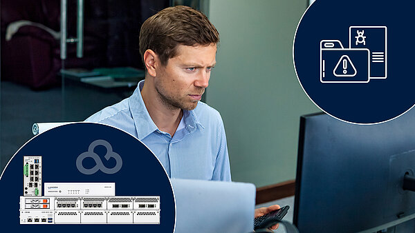 A man looks anxiously at a screen; the LANCOM R&S®Unified Firewalls and the LANCOM Management Cloud logo can be seen at the bottom left, and an icon for SIEM is shown in a blue circle at the top right